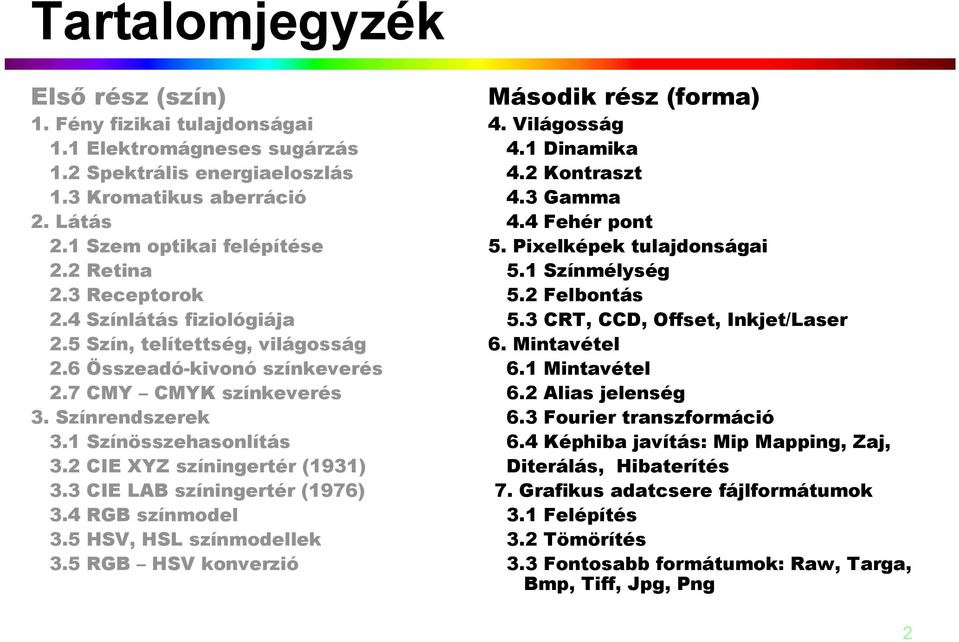 2 CIE XYZ színingertér (1931) 3.3 CIE LAB színingertér (1976) 3.4 RGB színmodel 3.5 HSV, HSL színmodellek 3.5 RGB HSV konverzió Második rész (forma) 4. Világosság 4.1 Dinamika 4.2 Kontraszt 4.