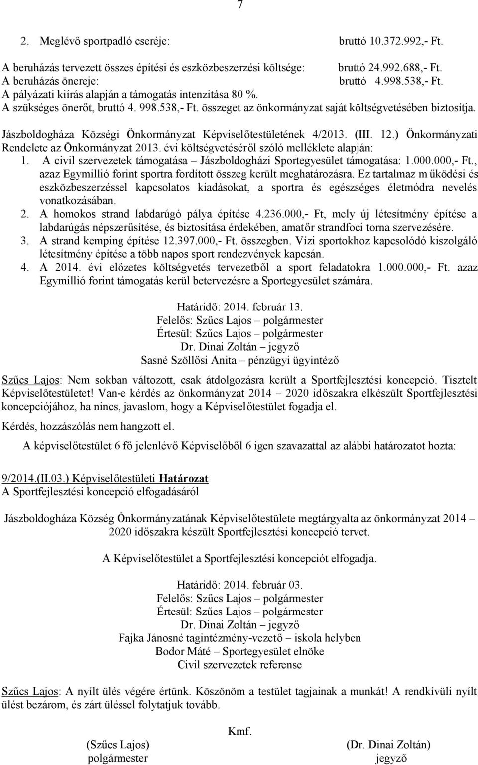Jászboldogháza Községi Önkormányzat Képviselőtestületének 4/2013. (III. 12.) Önkormányzati Rendelete az Önkormányzat 2013. évi költségvetéséről szóló melléklete alapján: 1.