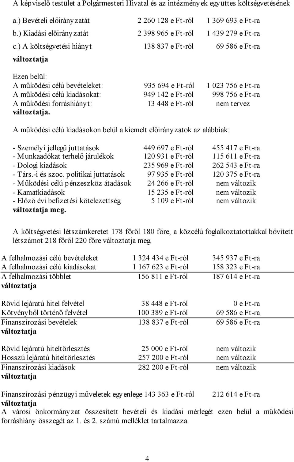 ) A költségvetési hiányt 138 837 e Ft-ról 69 586 e Ft-ra változtatja Ezen belül: A működési célú bevételeket: 935 694 e Ft-ról 1 023 756 e Ft-ra A működési célú kiadásokat: 949 142 e Ft-ról 998 756 e