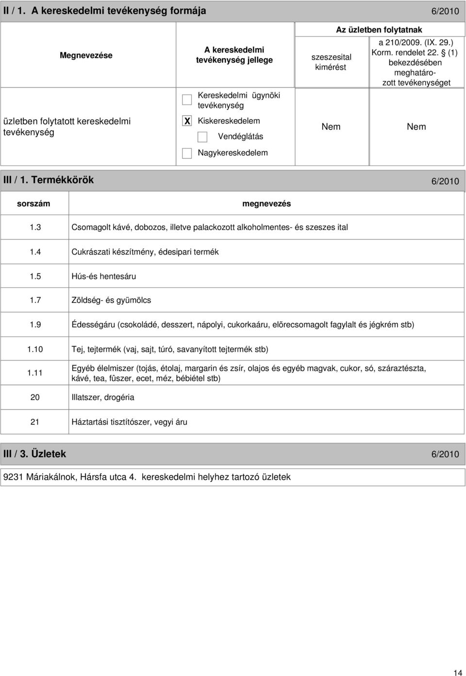 3 Csomagolt kávé, dobozos, illetve palackozott alkoholmentes- és szeszes ital 1.4 Cukrászati készítmény, édesipari termék 1.5 Hús-és hentesáru 1.7 Zöldség- és gyümölcs 1.