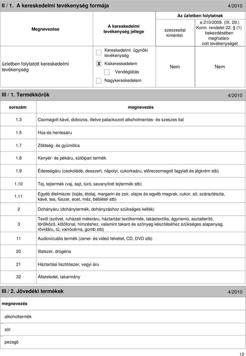 3 Csomagolt kávé, dobozos, illetve palackozott alkoholmentes- és szeszes ital 1.5 Hús-és hentesáru 1.7 Zöldség- és gyümölcs 1.8 Kenyér- és pékáru, sütõipari termék 1.