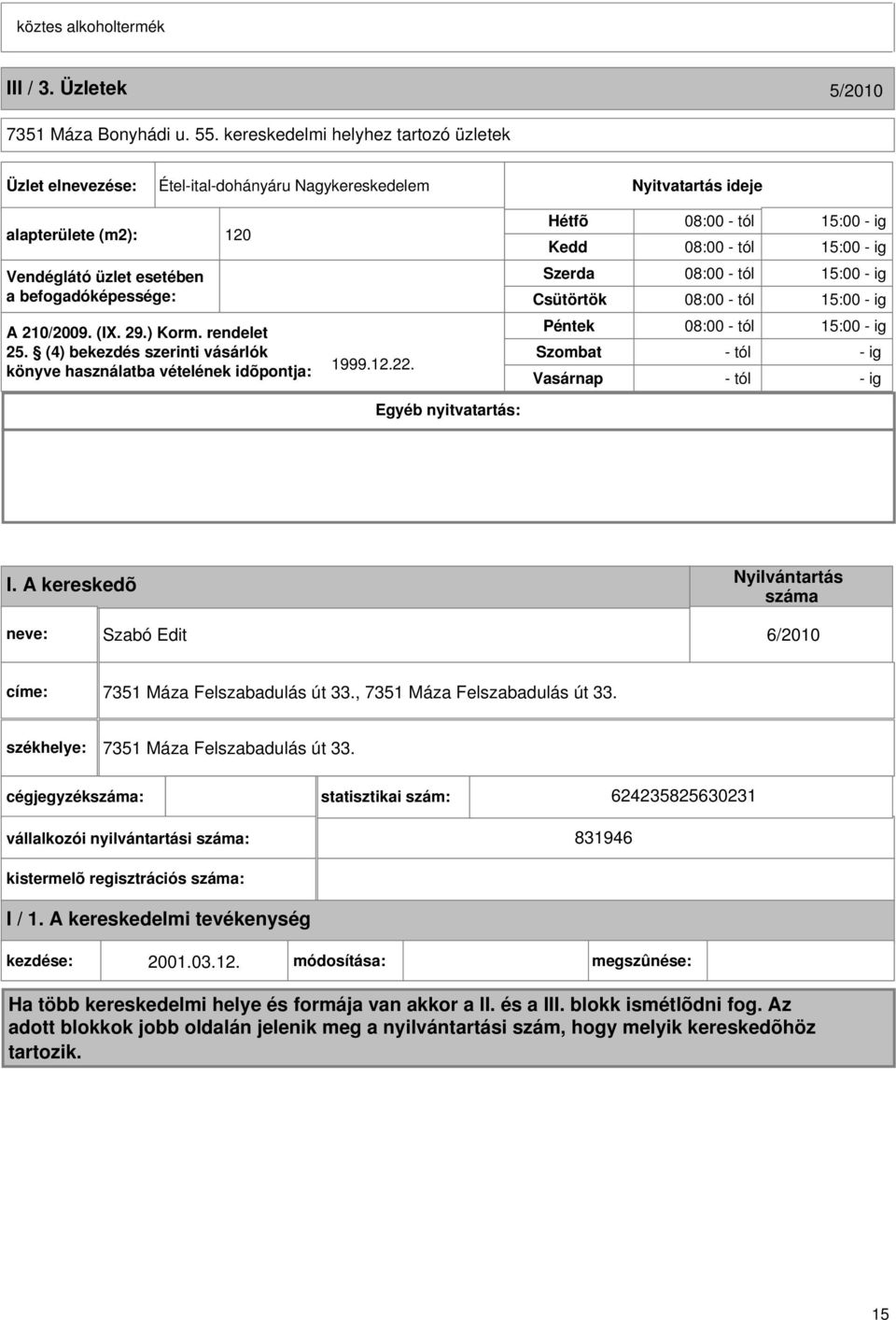 Vendéglátó üzlet esetében a befogadóképessége: Szerda Csütörtök 08:00 - tól 15:00 - ig 08:00 - tól 15:00 - ig A 210/2009. (I. 29.) Korm. rendelet 25.