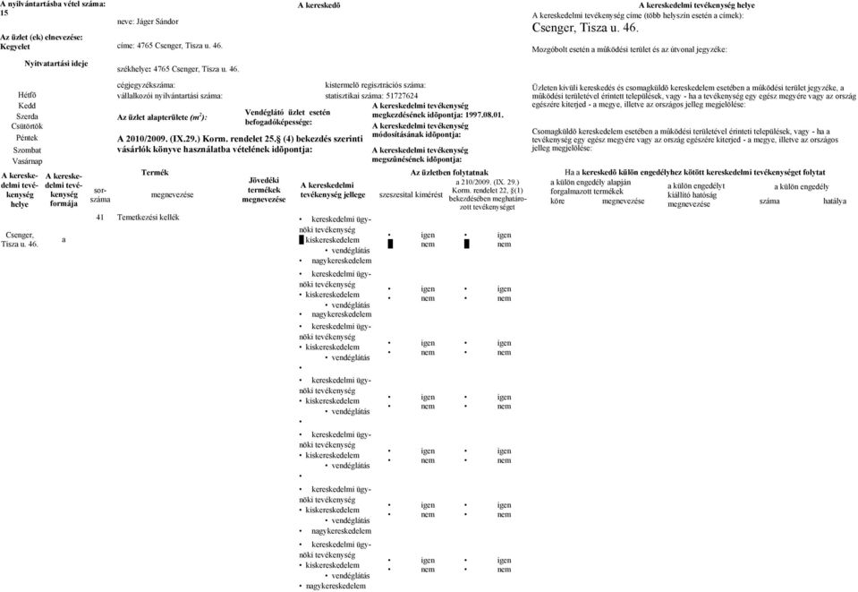 címe (több helyszín esetén címek): Tisz u. 46.