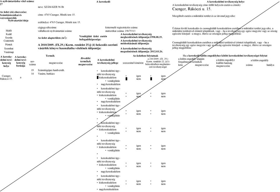 címe (több helyszín esetén címek): Rákóczi u. 15.