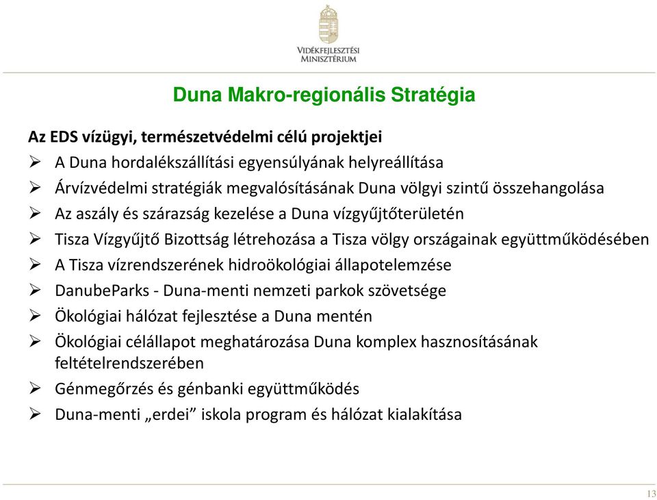 országainak együttműködésében A Tisza vízrendszerének hidroökológiai állapotelemzése DanubeParks - Duna-menti nemzeti parkok szövetsége Ökológiai hálózat fejlesztése a
