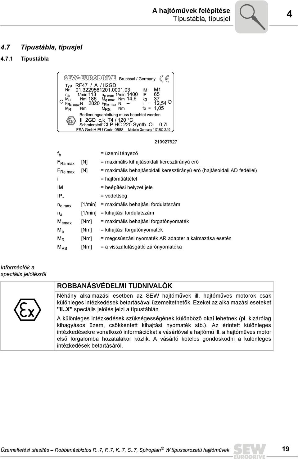 1 Típustábla 210927627 f b = üzemi tényező F Ra max [N] = maximális kihajtásoldali keresztirányú erő F Re max [N] = maximális behajtásoldali keresztirányú erő (hajtásoldali AD fedéllel) i =