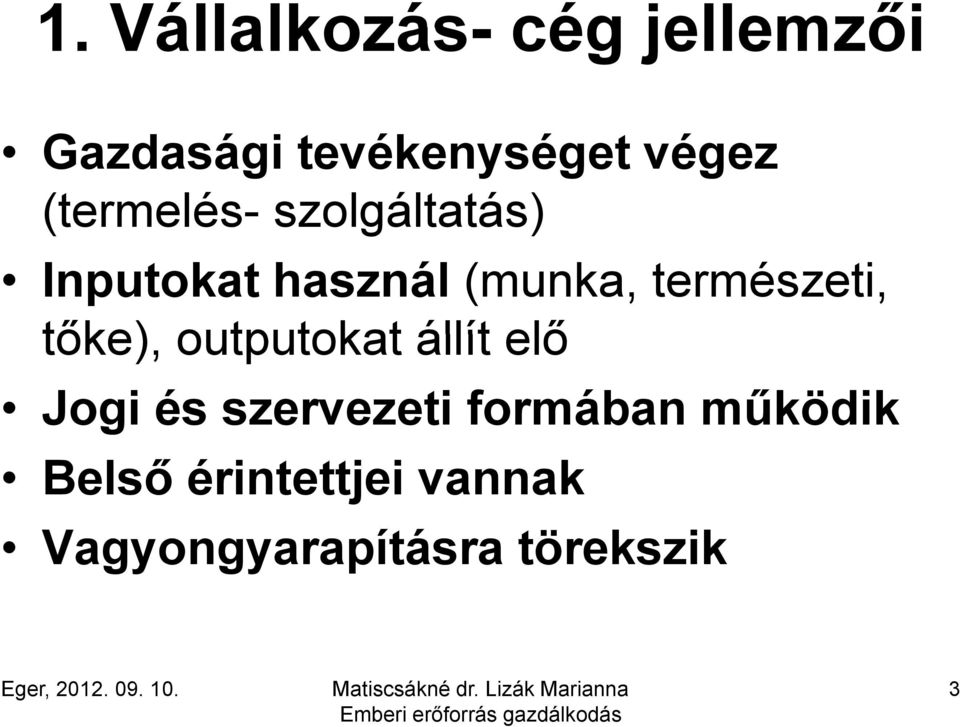 tőke), outputokat állít elő Jogi és szervezeti formában működik