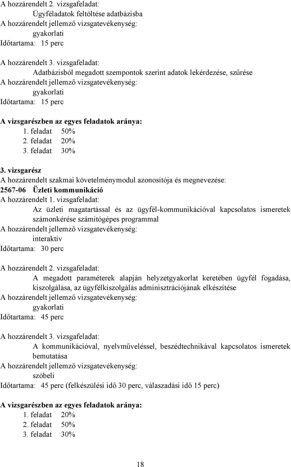 feladat 30% 3. vizsgarész A hozzárendelt szakmai követelménymodul azonosítója és megnevezése: 2567-06 Üzleti kommunikáció A hozzárendelt 1.