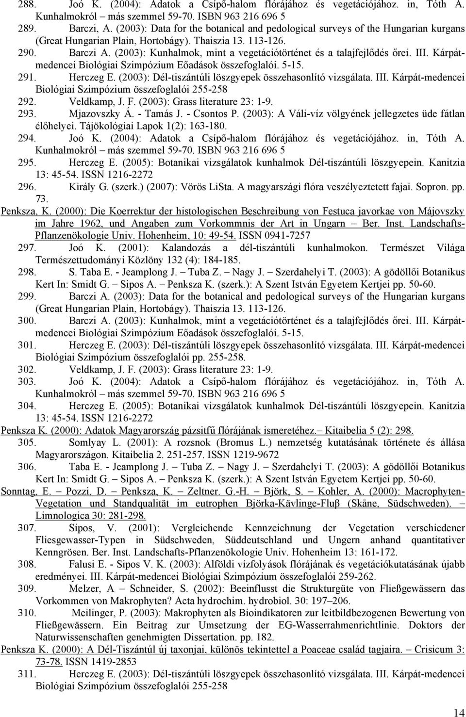 (2003): Kunhalmok, mint a vegetációtörténet és a talajfejlődés őrei. III. Kárpátmedencei Biológiai Szimpózium Eőadások összefoglalói. 5-15. 291. Herczeg E.