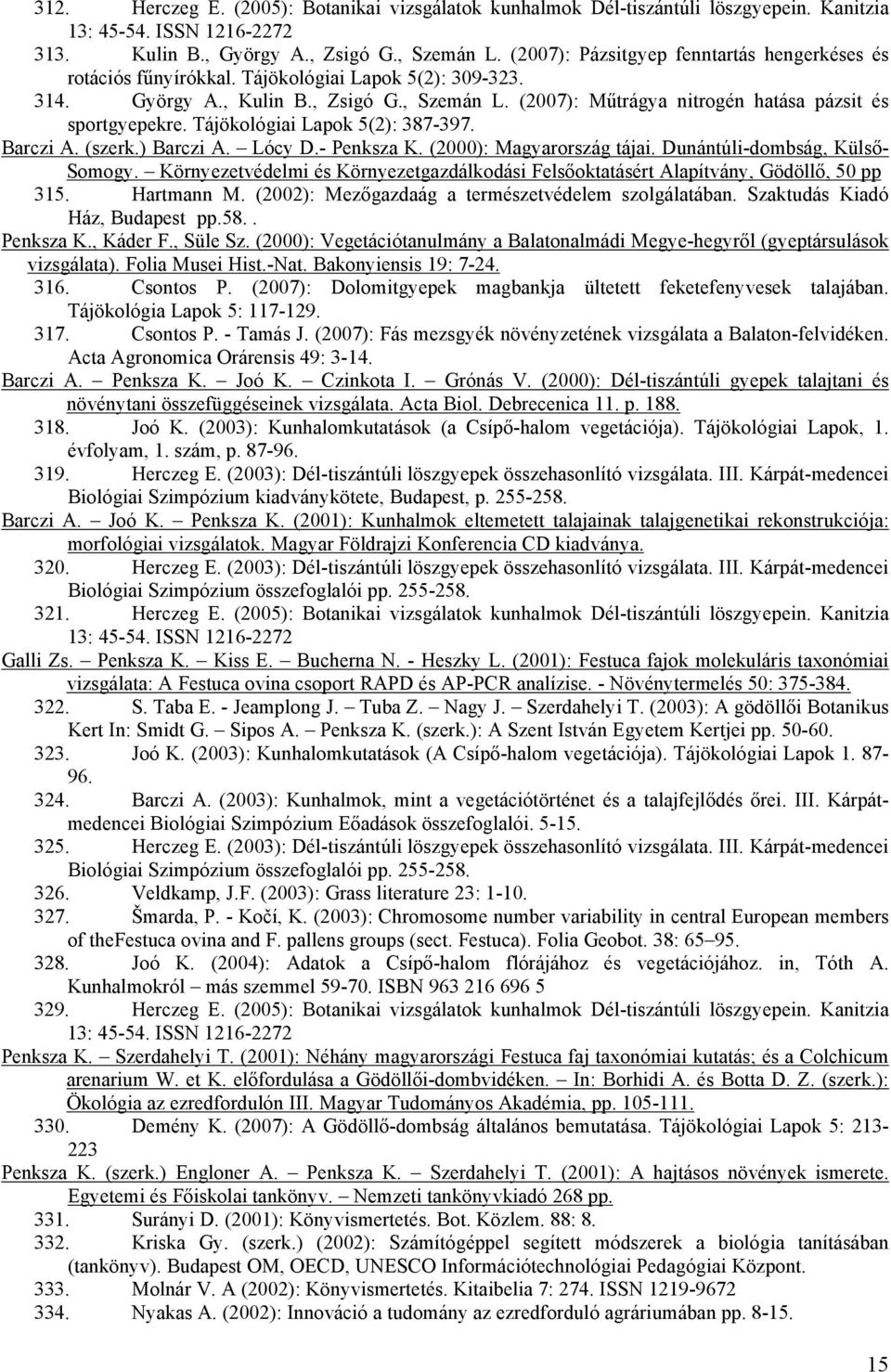 (2007): Műtrágya nitrogén hatása pázsit és sportgyepekre. Tájökológiai Lapok 5(2): 387-397. Barczi A. (szerk.) Barczi A. Lócy D.- Penksza K. (2000): Magyarország tájai.