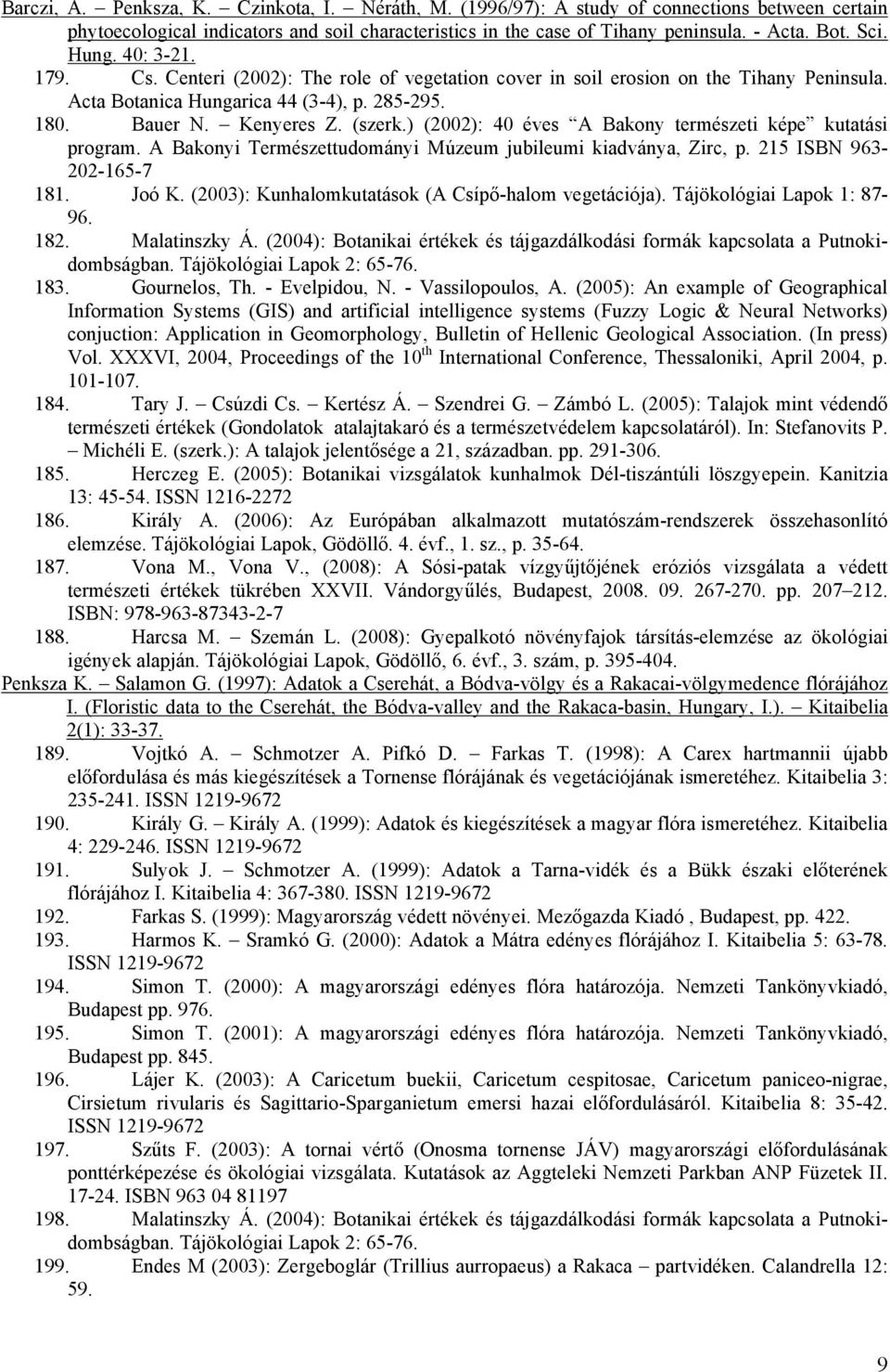 ) (2002): 40 éves A Bakony természeti képe kutatási program. A Bakonyi Természettudományi Múzeum jubileumi kiadványa, Zirc, p. 215 ISBN 963-202-165-7 181. Joó K.