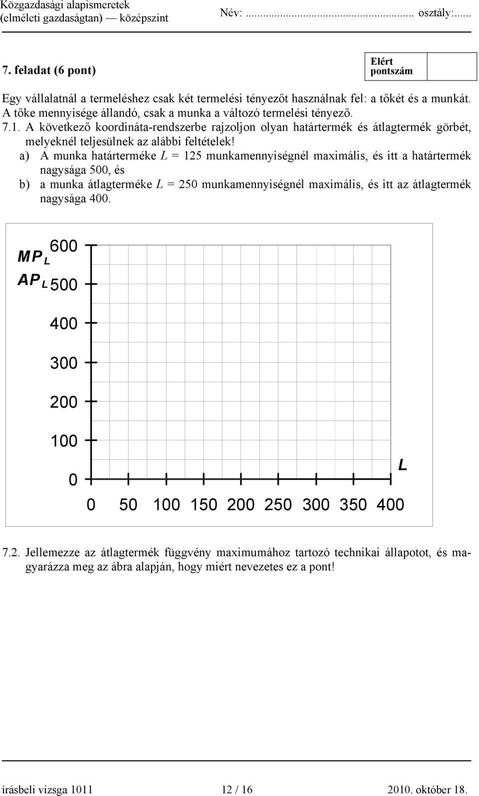 a) A munka határterméke L = 125 munkamennyiségnél maximális, és itt a határtermék nagysága 500, és b) a munka átlagterméke L = 250 munkamennyiségnél maximális, és itt az átlagtermék nagysága 400.