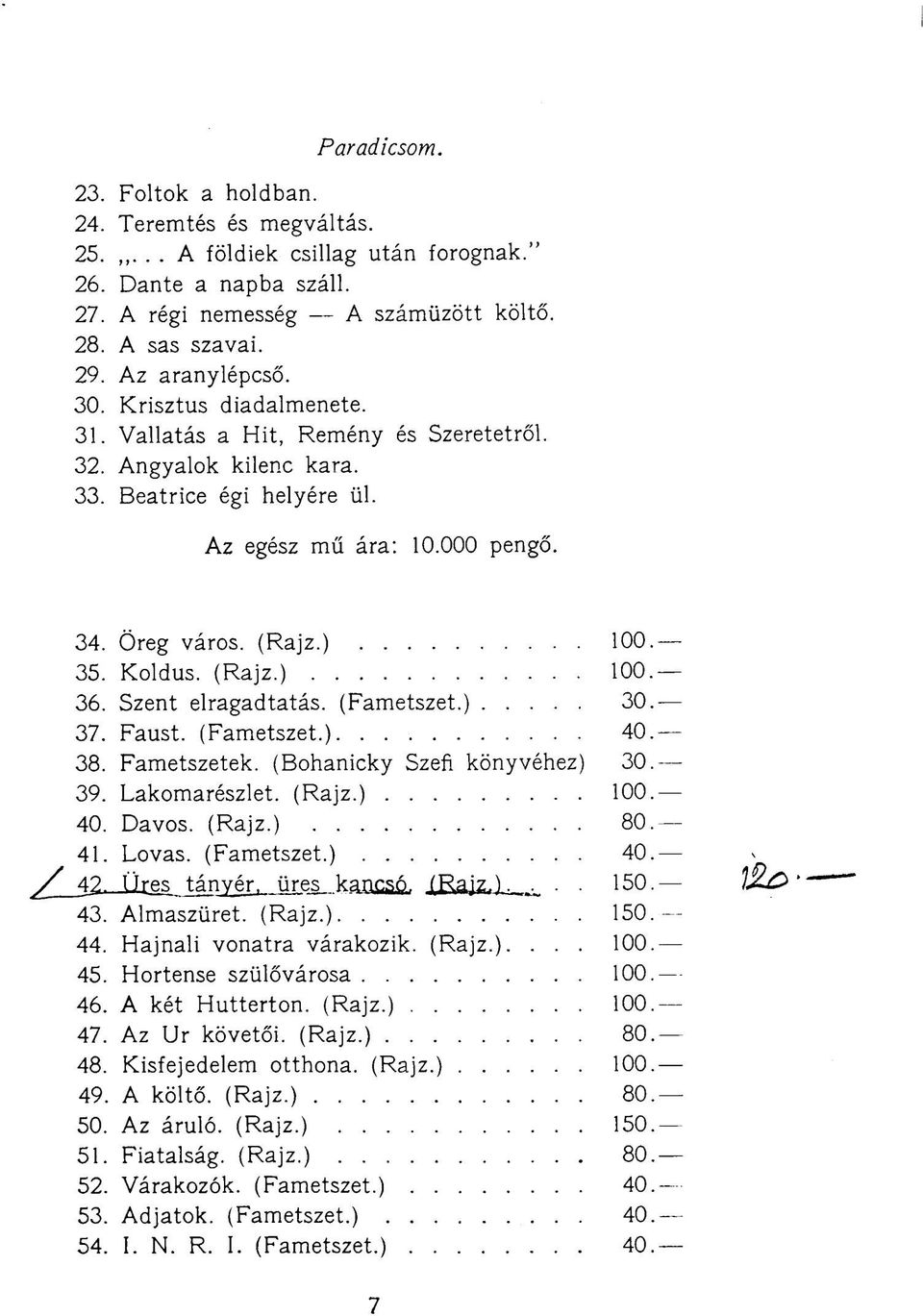 (Rajz.) 100. 36. Szent elragadtatás. (Fametszet.) 30. 37. Faust. (Fametszet.) 40. 38. Fametszetek. (Bohanicky Szefi könyvéhez) 30. 39. Lakomarészlet. (Rajz.) 100. 40. Davos. (Rajz.) 80. 41. Lovas.