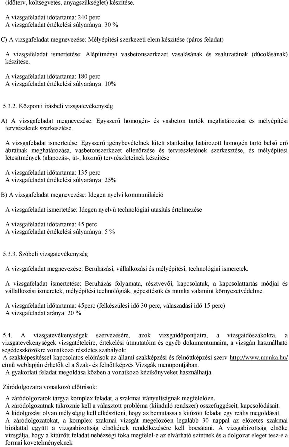 Alépítményi vasbetonszerkezet vasalásának és zsaluzatának (dúcolásának) készítése. A vizsgafeladat időtartama: 180 perc A vizsgafeladat értékelési súlyaránya: 10% 5.3.2.