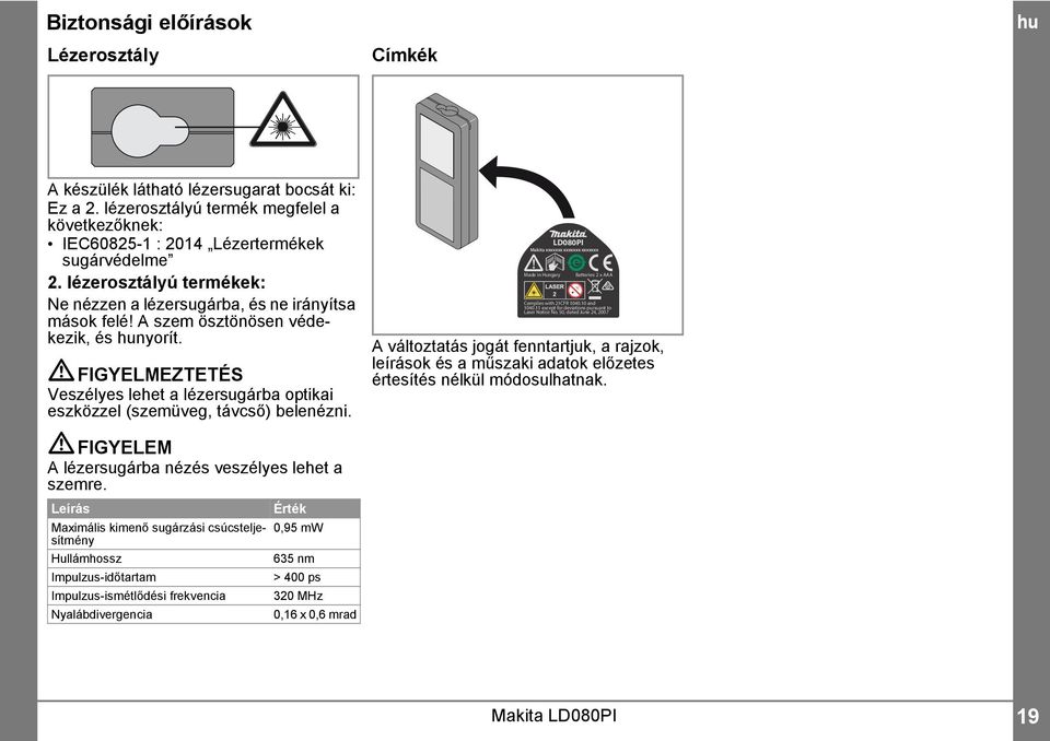 FIGYELMEZTETÉS Veszélyes lehet a lézersugárba optikai eszközzel (szemüveg, távcső) belenézni. LD080PI Makita xxxxxxx xxxxxxx xxxxxxx Made in Hungary Batteries: x AAA Complies with CFR 040.0 and 040.