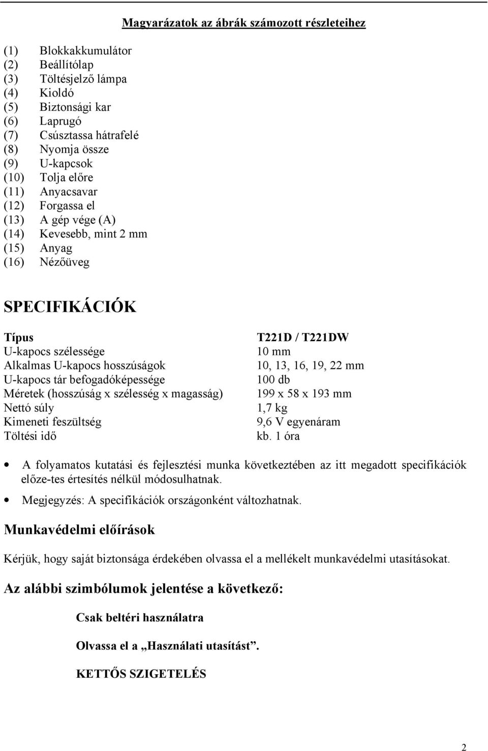 U-kapocs tár befogadóképessége Méretek (hosszúság x szélesség x magasság) Nettó súly Kimeneti feszültség Töltési idő T221D / T221DW 10 mm 10, 13, 16, 19, 22 mm 100 db 199 x 58 x 193 mm 1,7 kg 9,6 V