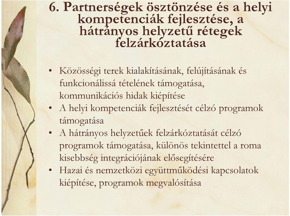 fejlesztését célzó programok támogatása A hátrányos helyzetűek felzárkóztatását célzó programok támogatása, különös