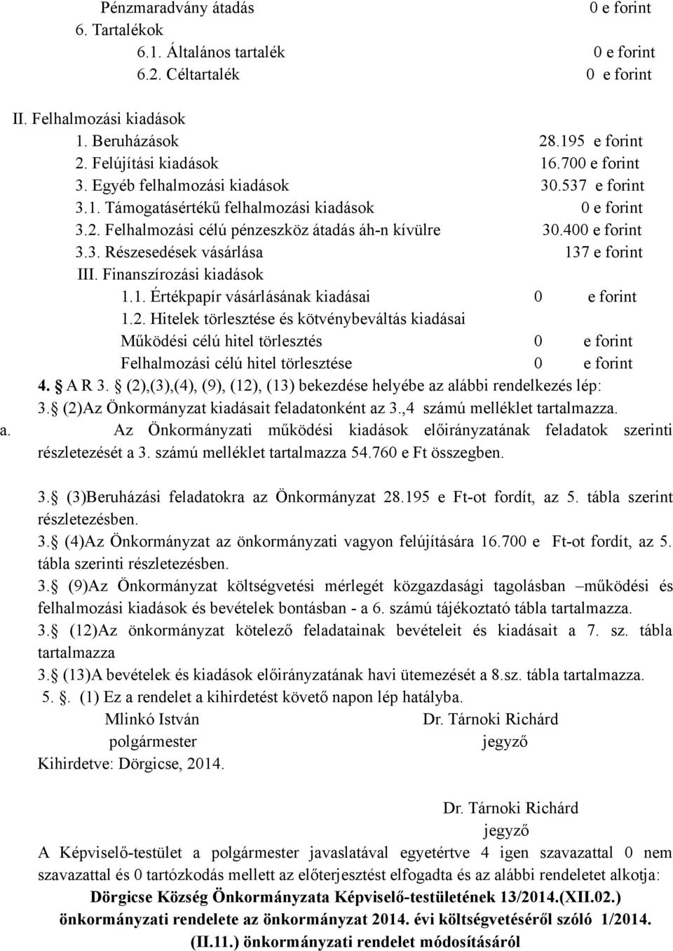 Finanszírozási kiadások 1.1. Értékpapír vásárlásának kiadásai 0 e forint 1.2.