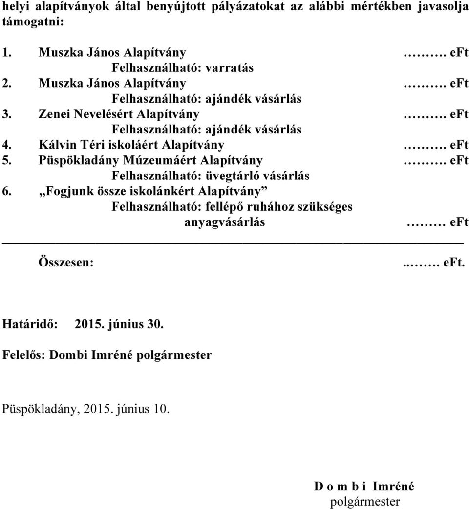 Kálvin Téri iskoláért Alapítvány. eft 5. Püspökladány Múzeumáért Alapítvány. eft Felhasználható: üvegtárló vásárlás 6.