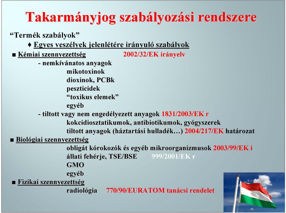 PCBk peszticidek toxikus elemek egyéb - tiltott vagy nem engedélyezett anyagok 1831/2003/EK r kokcidiosztatikumok, antibiotikumok, gyógyszerek gyszerek
