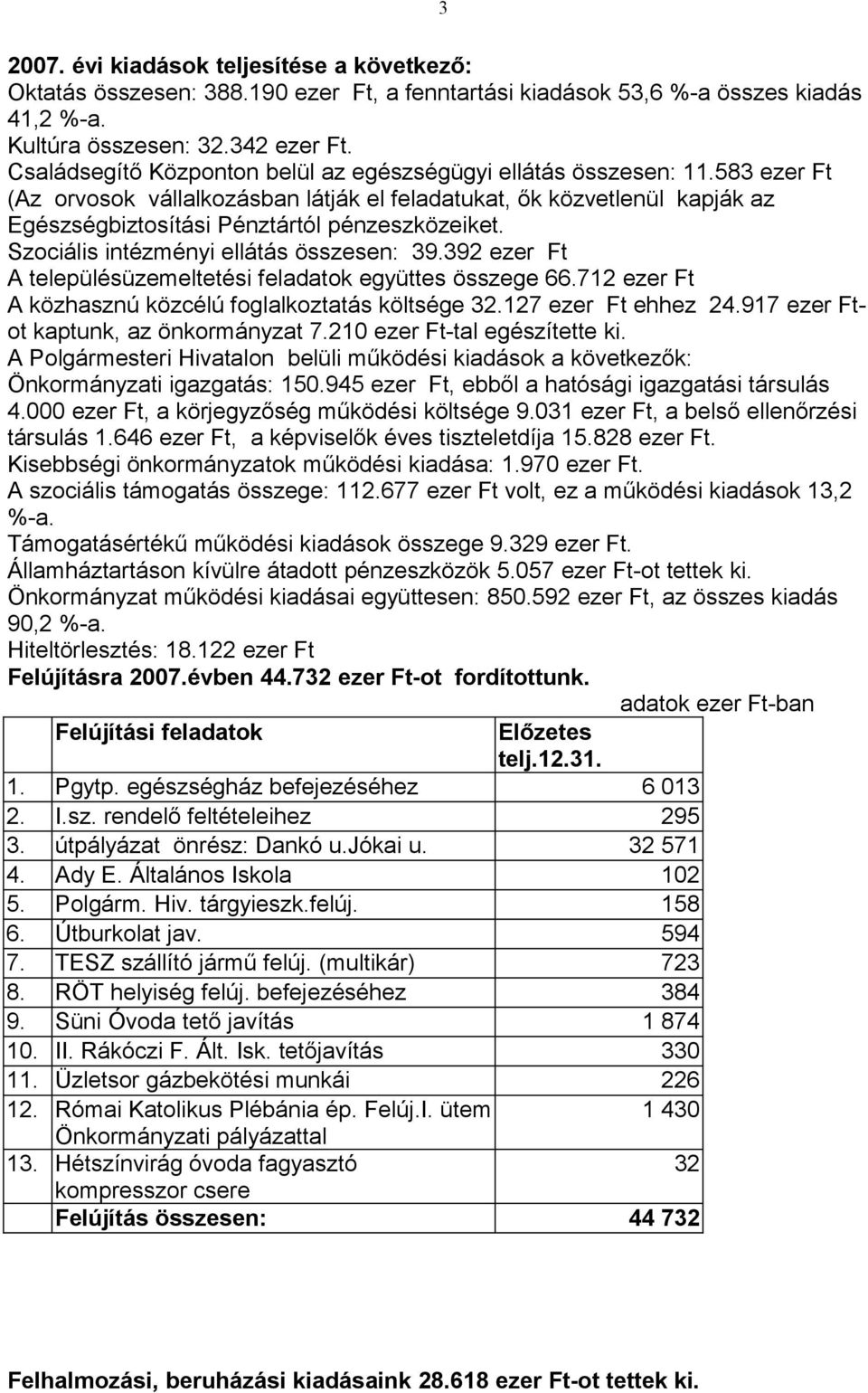 Szociális intézményi ellátás összesen: 39.392 ezer Ft A településüzemeltetési feladatok együttes összege 66.712 ezer Ft A közhasznú közcélú foglalkoztatás költsége 32.127 ezer Ft ehhez 24.