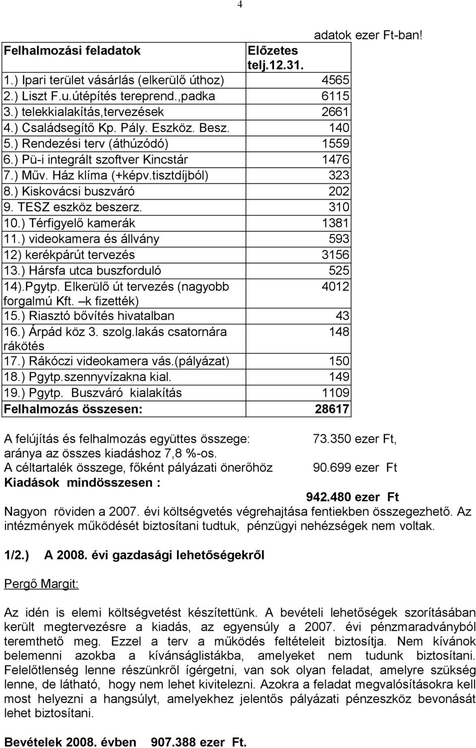 TESZ eszköz beszerz. 310 10.) Térfigyelő kamerák 1381 11.) videokamera és állvány 593 12) kerékpárút tervezés 3156 13.) Hársfa utca buszforduló 525 14).Pgytp.