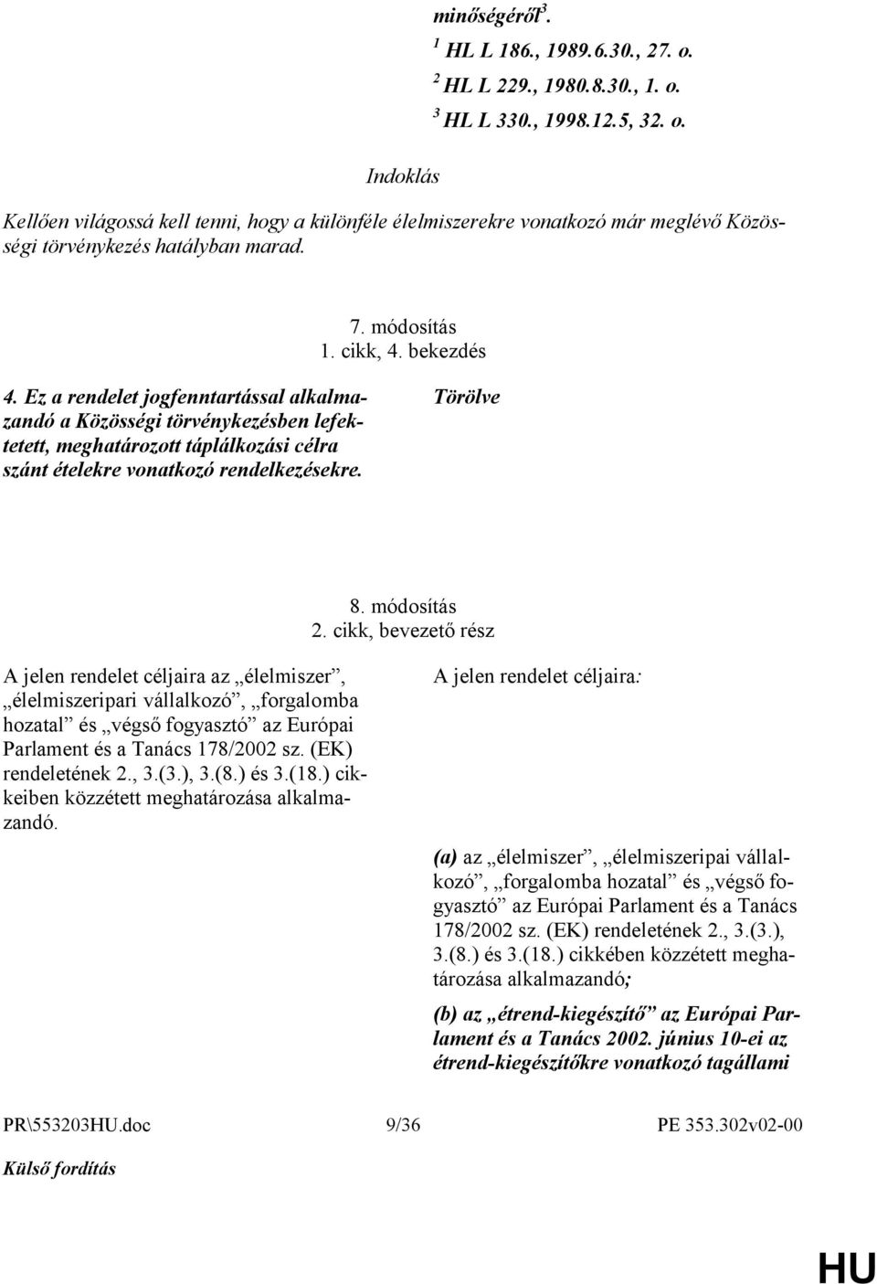 Törölve 8. módosítás 2. cikk, bevezető rész A jelen rendelet céljaira az élelmiszer, élelmiszeripari vállalkozó, forgalomba hozatal és végső fogyasztó az Európai Parlament és a Tanács 178/2002 sz.