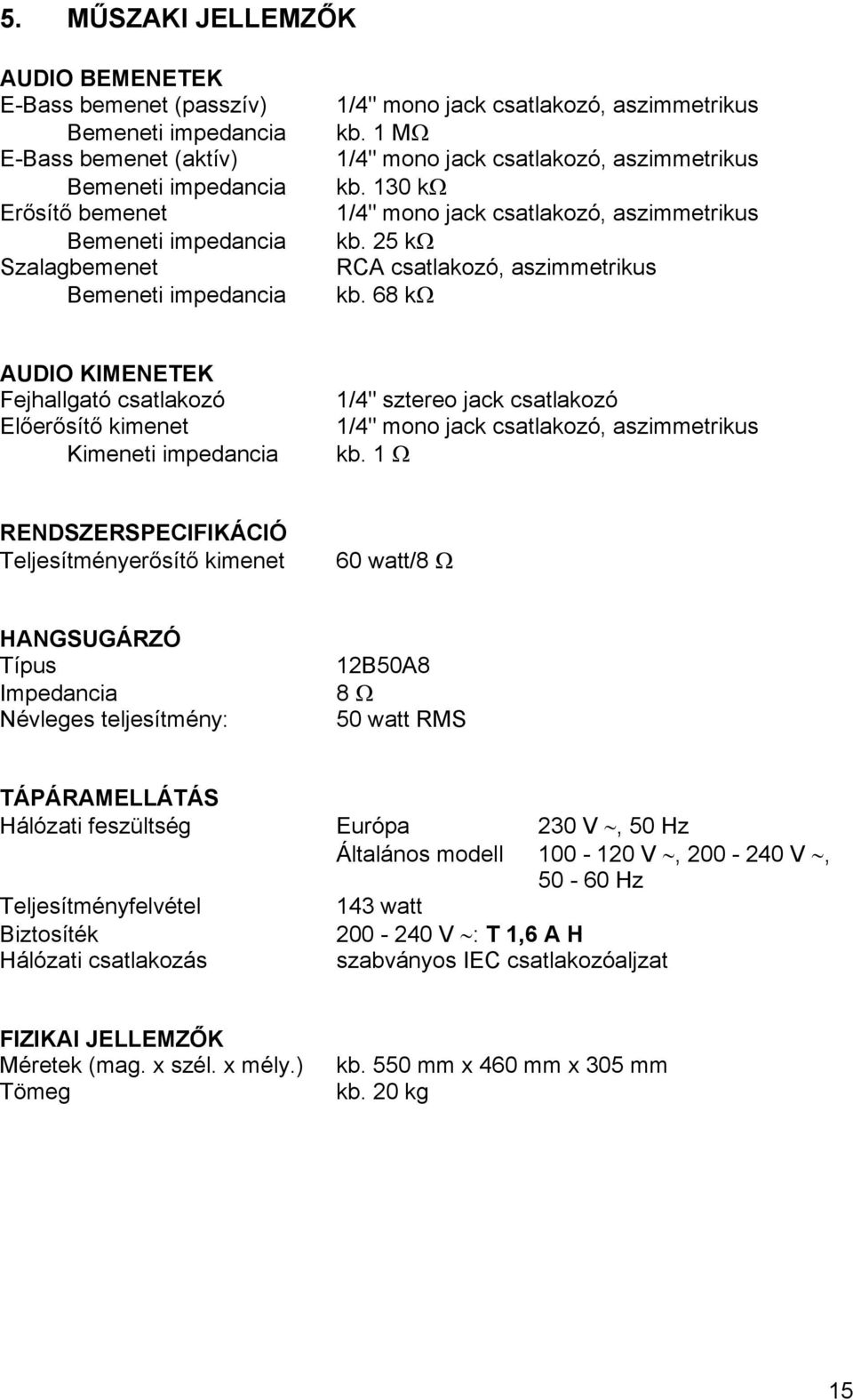 68 kω AUDIO KIMENETEK Fejhallgató csatlakozó Előerősítő kimenet Kimeneti impedancia 1/4" sztereo jack csatlakozó 1/4" mono jack csatlakozó, aszimmetrikus kb.