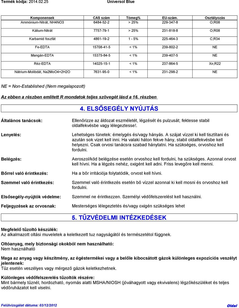 Mangán-EDTA 15375-84-5 < 1% 239-407-5 NE Réz-EDTA 14025-15-1 < 1% 237-864-5 Xn;R22 Nátrium-Molibdát, Na2MoO4+2H2O 7631-95-0 < 1% 231-298-2 NE NE = Non-Established (Nem megalapozott) Az ebben a
