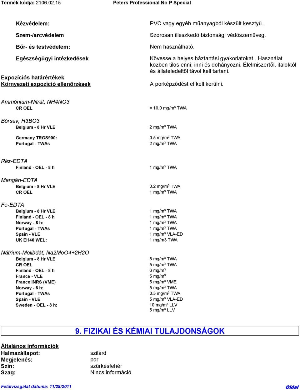 Élelmiszertől, italoktól és állateledeltől távol kell tartani. A porképződést el kell kerülni. Ammónium-Nitrát, NH4NO3 CR OEL Bórsav, H3BO3 Germany TRGS900: Portugal - TWAs = 10.