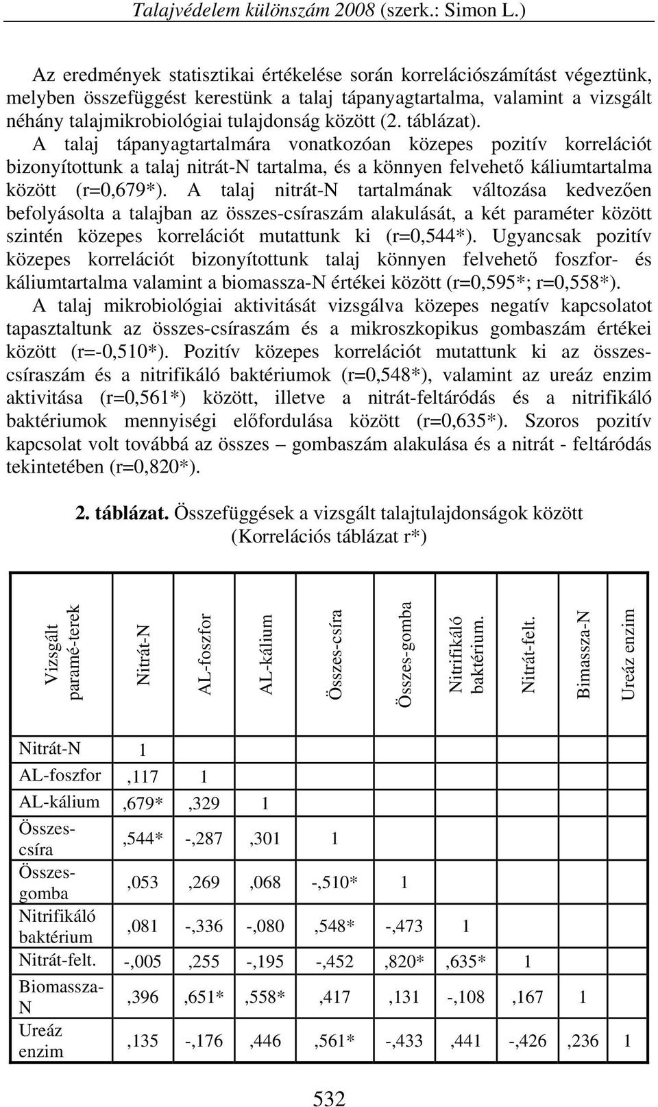 (2. táblázat). A talaj tápanyagtartalmára vonatkozóan közepes pozitív korrelációt bizonyítottunk a talaj nitrát-n tartalma, és a könnyen felvehető káliumtartalma között (r=0,679*).