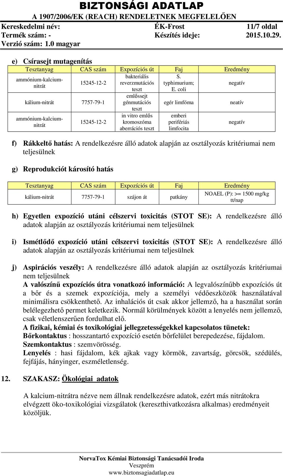 f) Rákkeltő hatás: A rendelkezésre álló adatok alapján az osztályozás kritériumai nem teljesülnek g) Reprodukciót károsító hatás kálium-nitrát 7757-79-1 szájon át patkány NOAEL (P): >= 1500 mg/kg