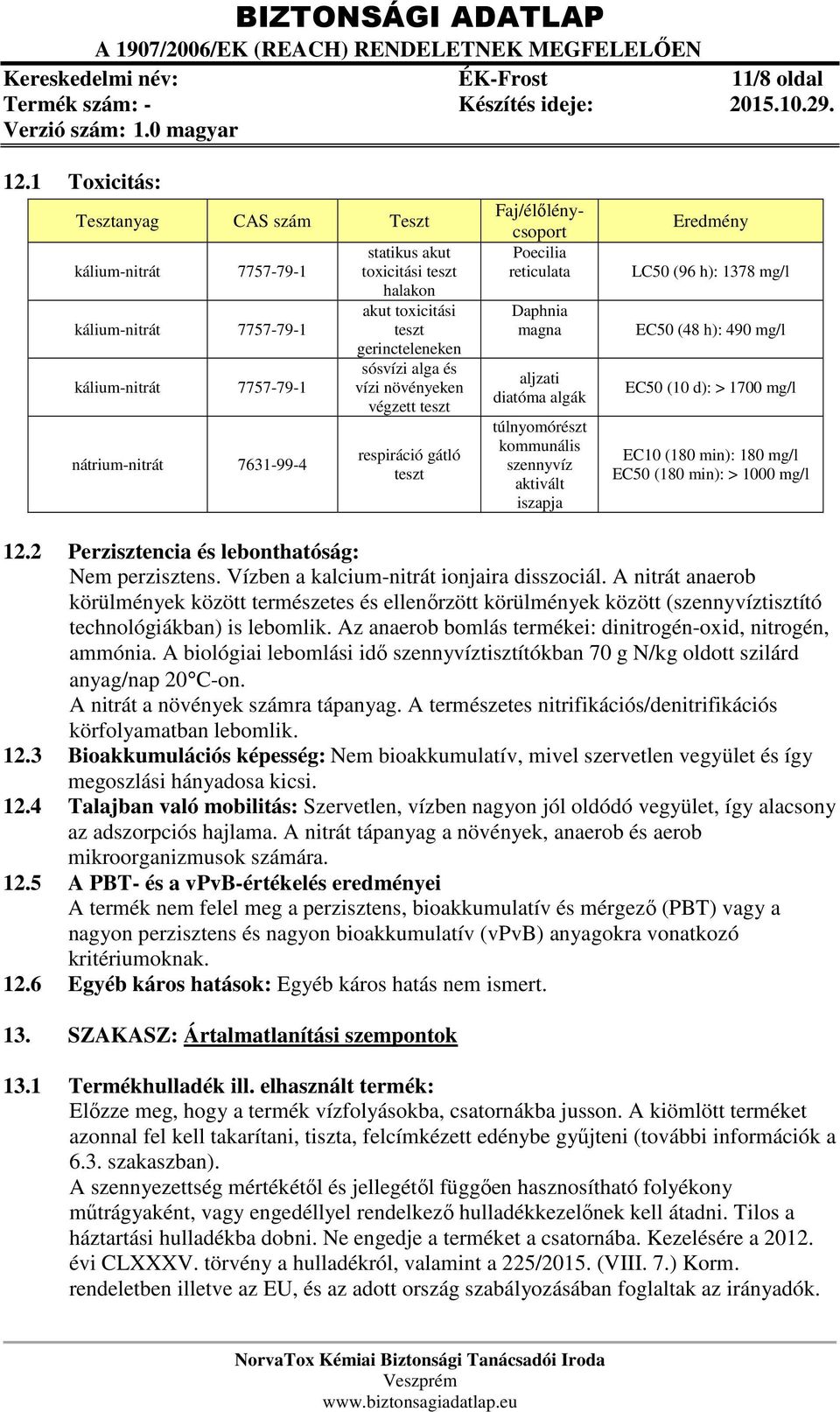 gerincteleneken sósvízi alga és vízi növényeken végzett teszt respiráció gátló teszt Faj/élőlénycsoport Poecilia reticulata Daphnia magna aljzati diatóma algák túlnyomórészt kommunális szennyvíz