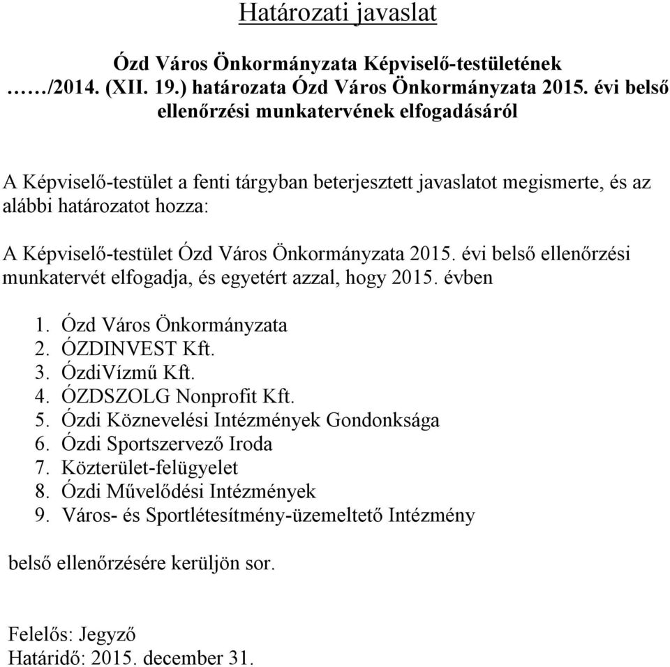 Önkormányzata 2015. évi belső ellenőrzési munkatervét elfogadja, és egyetért azzal, hogy 2015. évben 1. Ózd Város Önkormányzata 2. ÓZDINVEST Kft. 3. ÓzdiVízmű Kft. 4. ÓZDSZOLG Nonprofit Kft.