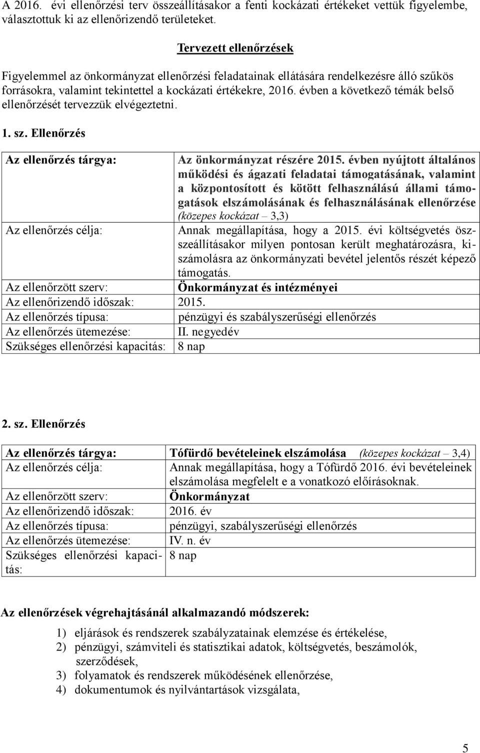 évben a következő témák belső ellenőrzését tervezzük elvégeztetni. 1. sz. Ellenőrzés Az ellenőrzés tárgya: Az önkormányzat részére 2015.