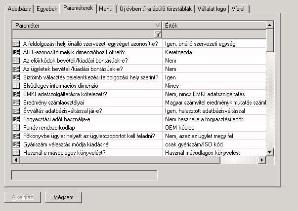 Az egyes alrendszerek összesített paramétereinek listája. A rendszerbevezetés során a Griffsoft Informatikai Zrt. munkatársai állítják be, az ügyfélnek ezzel nincs teend je.