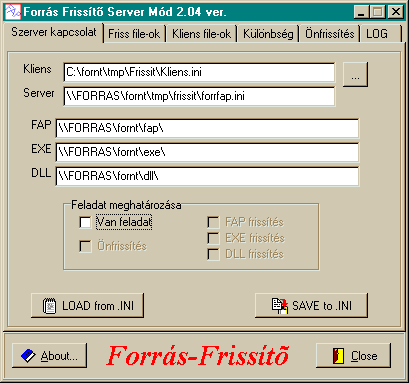 Konfiguráció: indítsuk el a Frissit.exe file-t /server paraméterrel - ha ezt a szerveren indítottuk el akkor kell a szerverre is egy kliens.