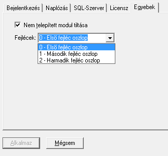Rendszer Forrás-SQL Beállító és ForrásDotNet Beállító környezetének üzemeltetési kézikönyve Paraméterek Egyebek fül: Nem telepített modul tiltása: Ellen rzi, hogy az install adatbázisban lév fap