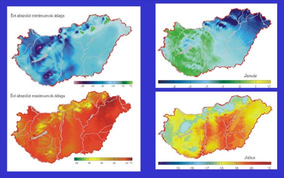 5.4 ábra: A kiugró hideg és a meleg szélsőségek nem ott jönnek létre, ahol általában hideg a tél és meleg a nyár, hanem ott, ahol a legkisebb a talaj hőkapacitása.