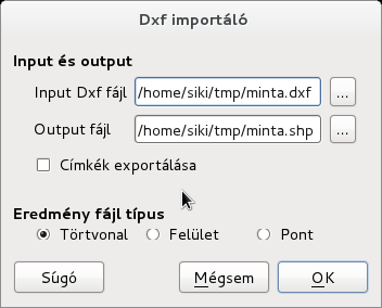 5. ábra Dxf2Shp párbeszédablaka Az Input Dxf fájl és az Output fájl mező melletti nyomógomb segítségével nyithatja meg az operációs rendszer fájl kiválasztó párbeszédablakát, mellyel könnyen