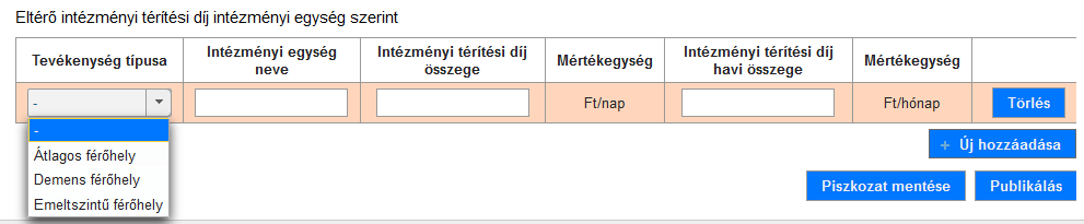 Az idősek otthona szolgáltatás esetén automatikusan kitöltődik a (3) Tevékenység típusa és a (7) Mértékegység, illetve kötelező megadni az (4) Intézményi