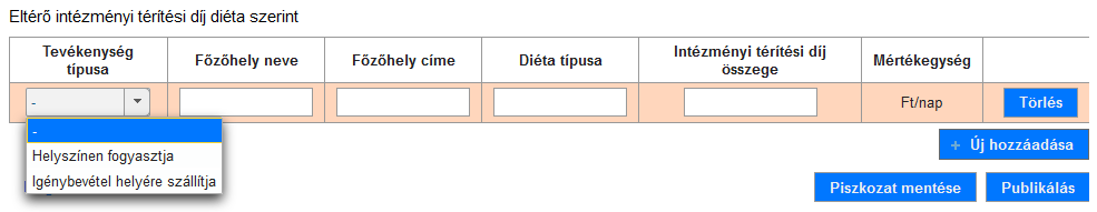 Eltérő intézményi térítési díj diéta szerint is lehet újabb elemeket felvenni az (9) Új hozzáadása gomb segítségével: 20 Eltérő intézményi térítési díj diéta szerint rögzített adatok csak abban az