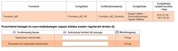 A pszichiátriai betegek és szenvedélybetegek nappali ellátása szolgáltatások esetén automatikusan kitöltődik a (3) Tevékenység típusa és a