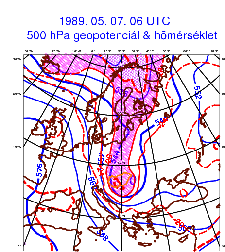 3.1. A hidegcseppek statisztikája és meteorológiája Statisztikai és meteorológiai vizsgálatok: 3.1.1 500 hpa hőmérséklet havi átlagok (1979-2008) 2002-2011: 70 hidegcseppes nap: - 6 órás felbontás =>