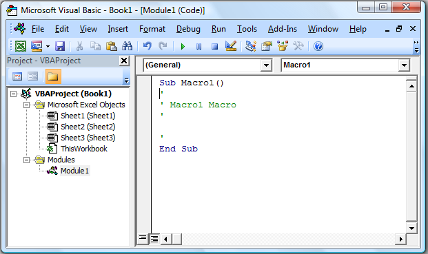 Visual Basic szerkesztő ablaka Project explorer ablak Run, Break, Reset gombok A rögzített