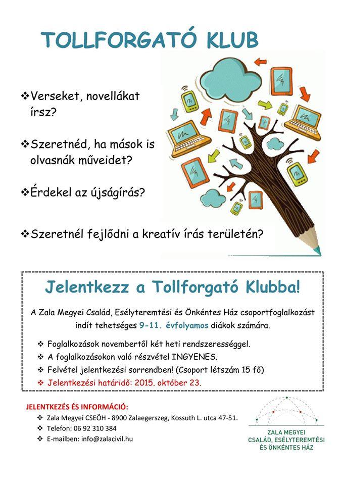 Alkotni vágyó fiatalok figyelem! A Zala Megyei Család, Esélyteremtési és Önkéntes Ház Zegzug Műhelyek keretében középiskolás diákok részére Tollforgató Klubot és Design Klubot indít!