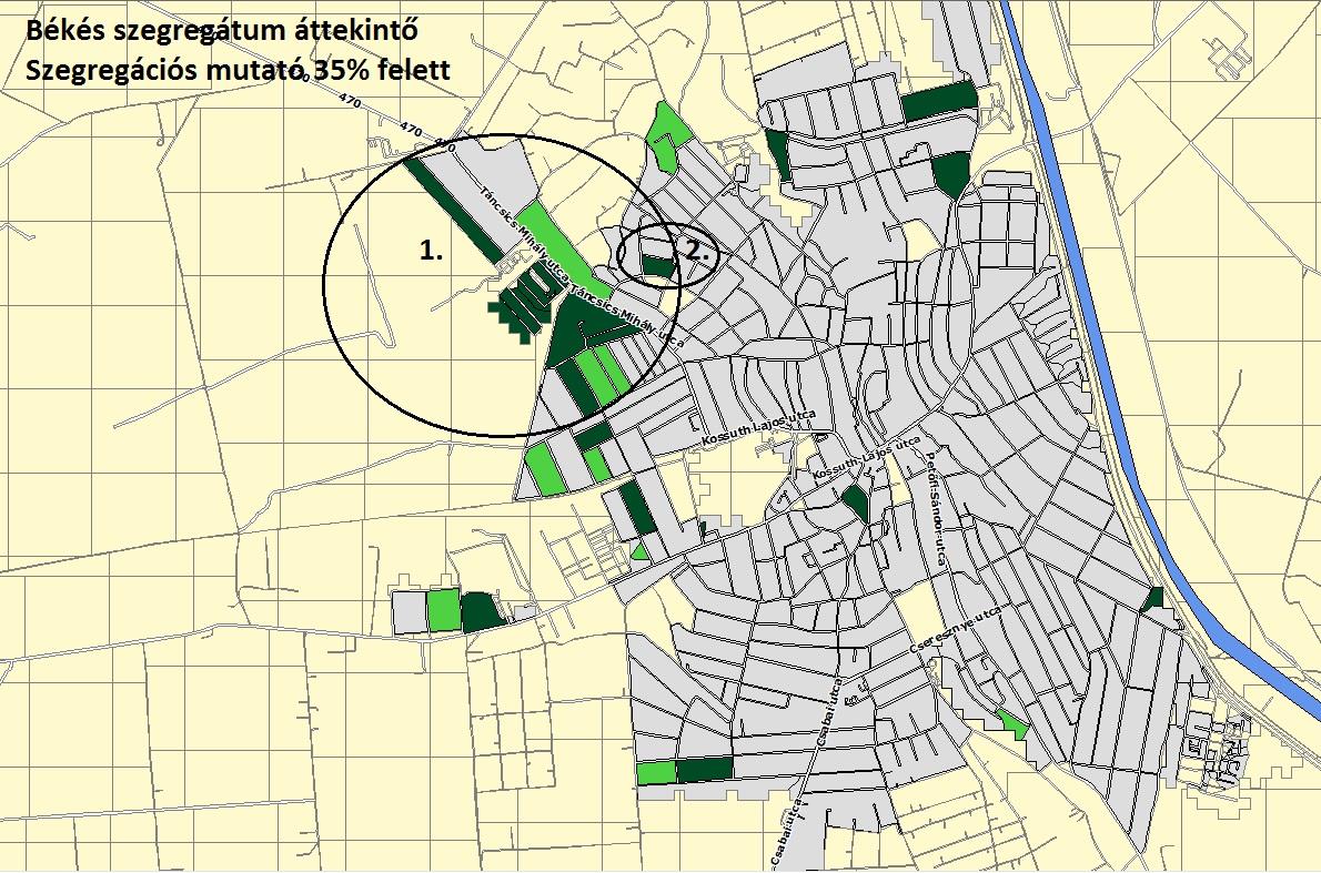 Szegregátum áttekintő térkép Békés 35% felett szegregált terület 30-35%