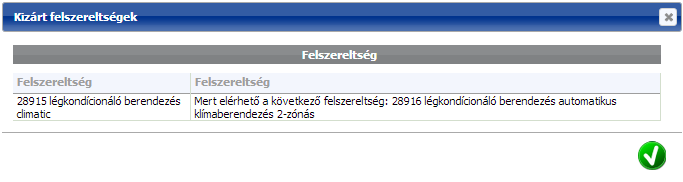 Kizárt felszereltség Ha két kiválasztott felszereltség ellentmondásban van egymással (pl.