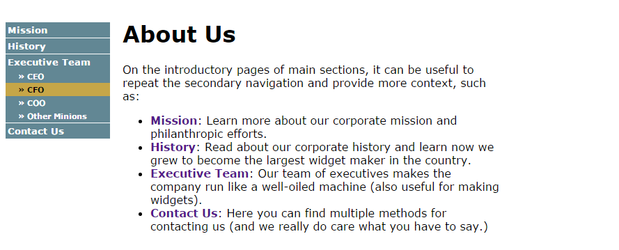 <LI><A href="#">executive Team</A></LI> <LI><A href="#">contact Us</A></LI> </DIV> <DIV id="content"> <H1>About Us</H1> <P> On the introductory pages of main sections, it can be useful to repeat the