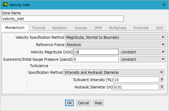 Peremfeltételek - Állítsatok be 10 m/s egyenletes belépősebességet A belépő turbulencia jellemzőket